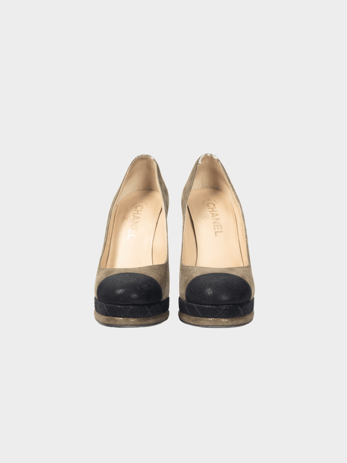 Chanel 2012 Métiers D’art Khaki & Noir Suede Cap-Toe Pumps
