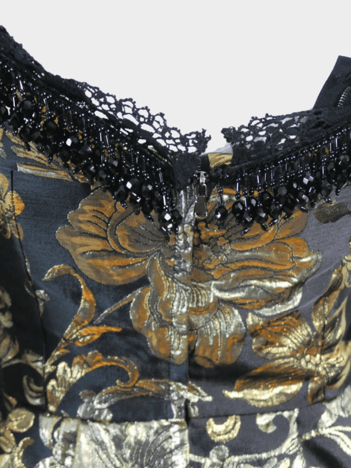 Dolce and Gabbana FW 2017-2018 Runway Black and Gold Jacquard Bead Detail Off Shoulder Corset Top