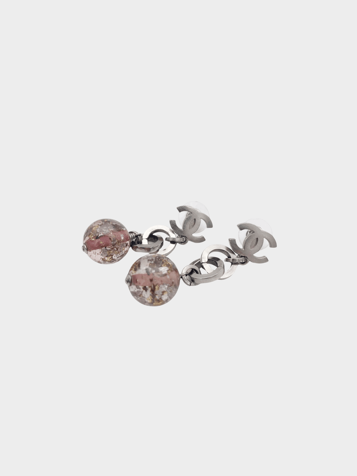Chanel 2006 Silver CC Chain Purple Bead Long Piercing Earrings