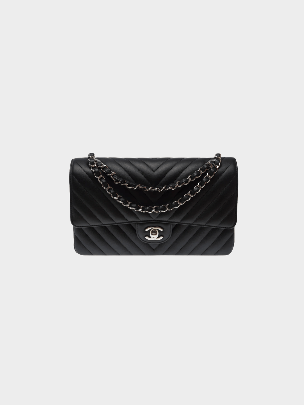 Chanel 1994 Black Lambskin Leather Chevron Stitch Medium Classic Flap Bag