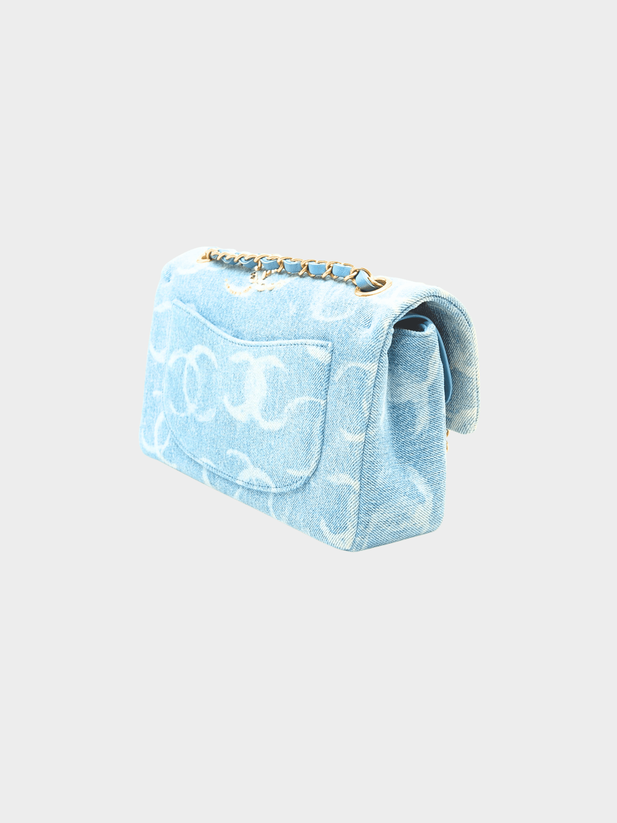 Chanel 2023 Blue Denim Sequin CC Printed Medium Classic Double Flap Bag