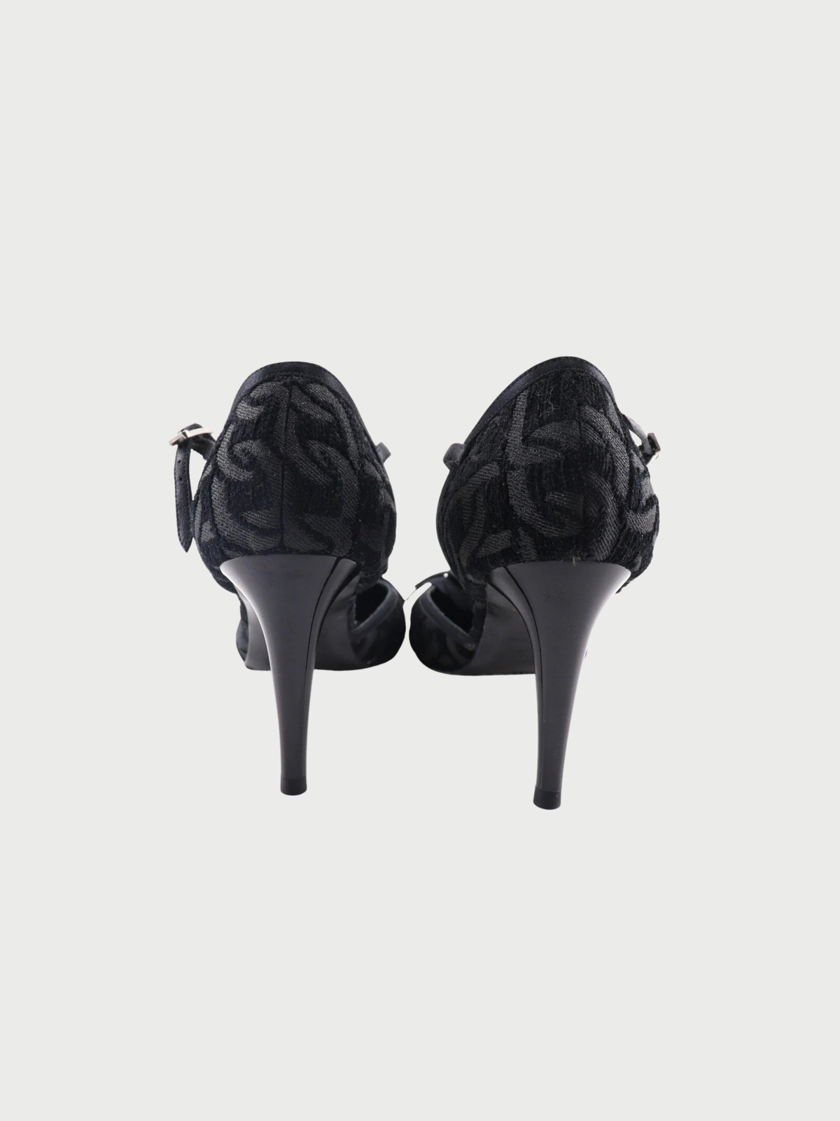Chanel 2000s Black Satin Camellia Ankle Strap Sandals
