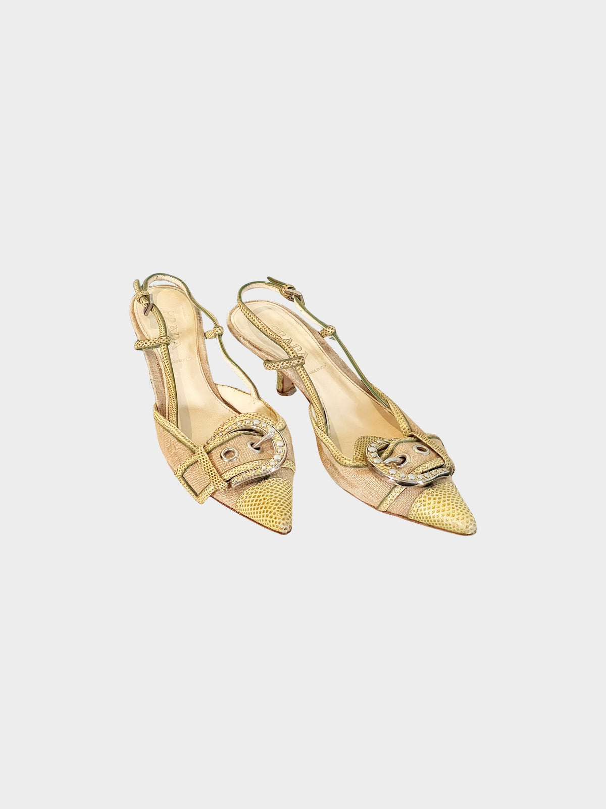 Prada 1990s Green Lizard Leather and Jute Buckle Slingback Heels