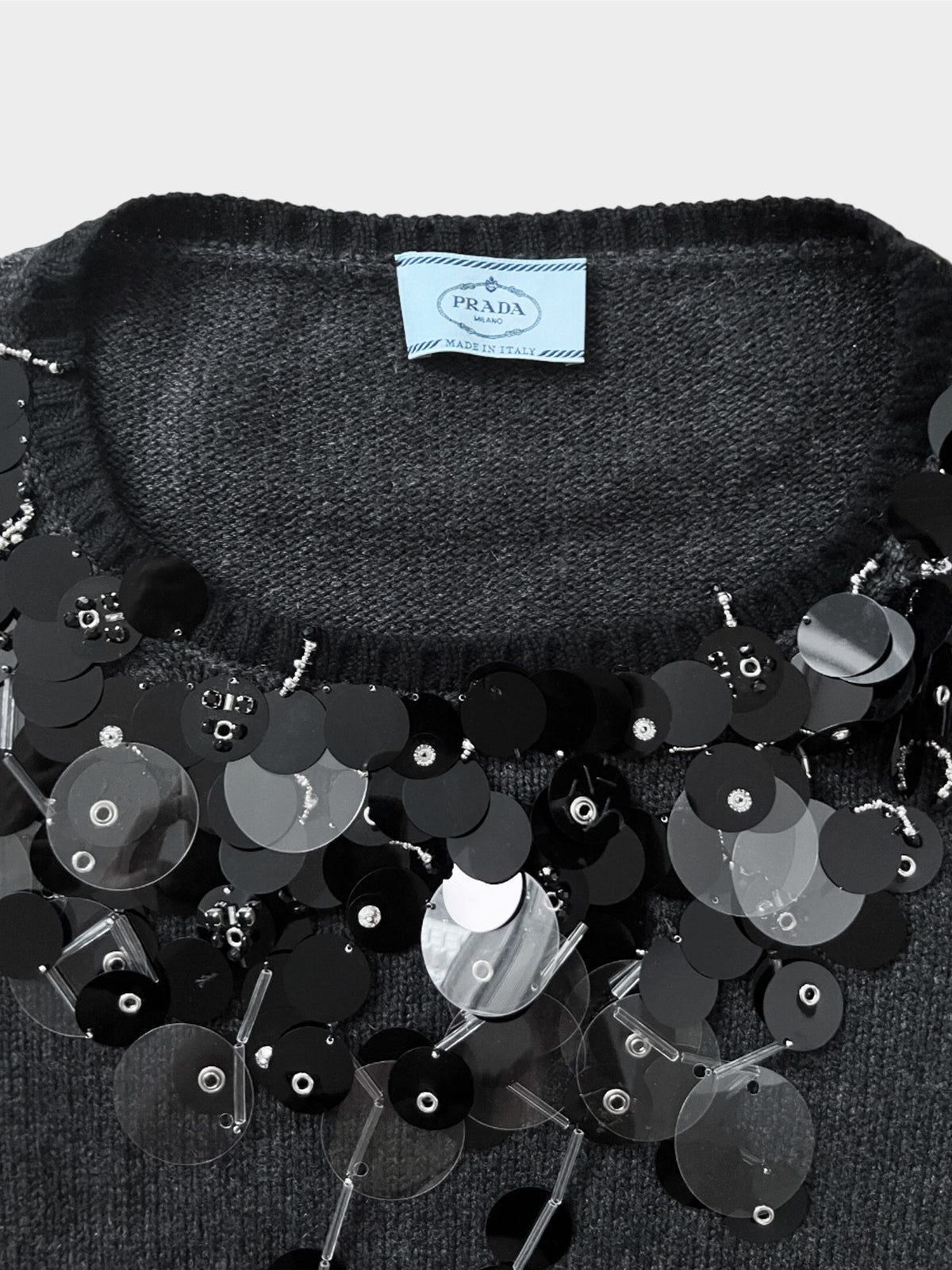 Prada 2020s Sequin Steel Grey Cashmere Sweater