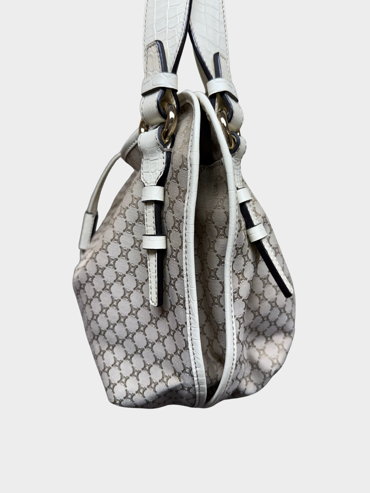Celine 2007 Beige Macadam Canvas Croc-Embossed Bittersweet Hobo Bag