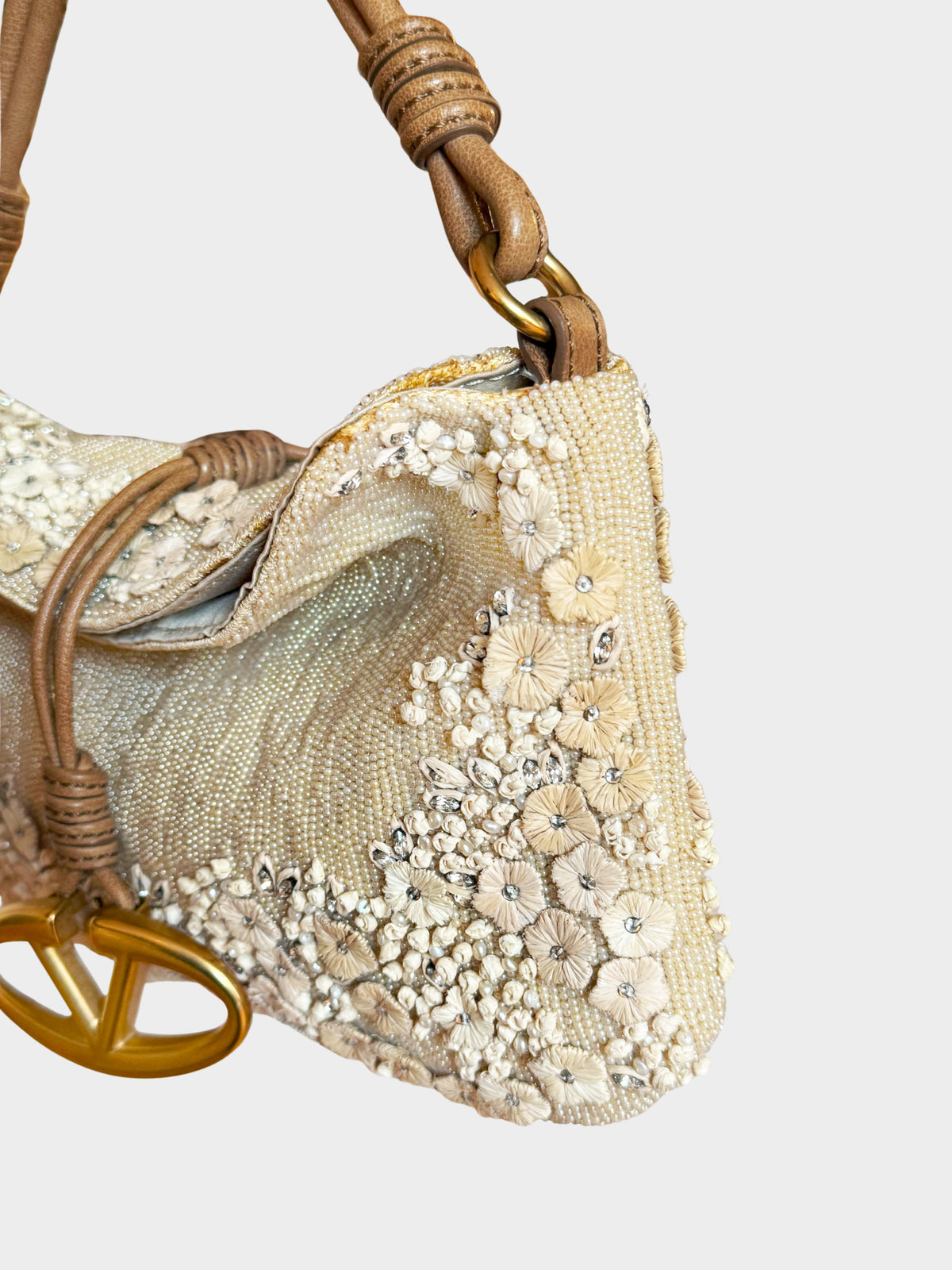 Valentino 2000s Beige Floral Beaded and Embroidered Satin Evening Shoulder Bag