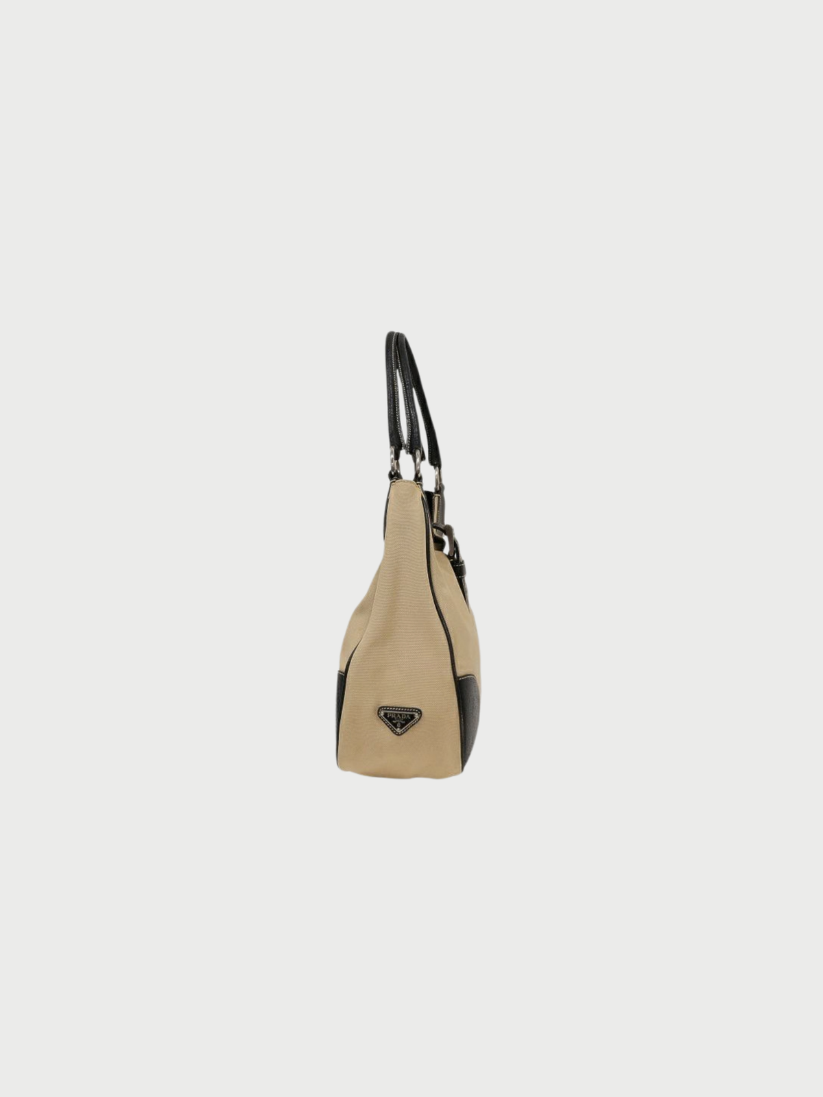 Prada 2000s Beige Black Triangle Logo Canvas Leather Handbag