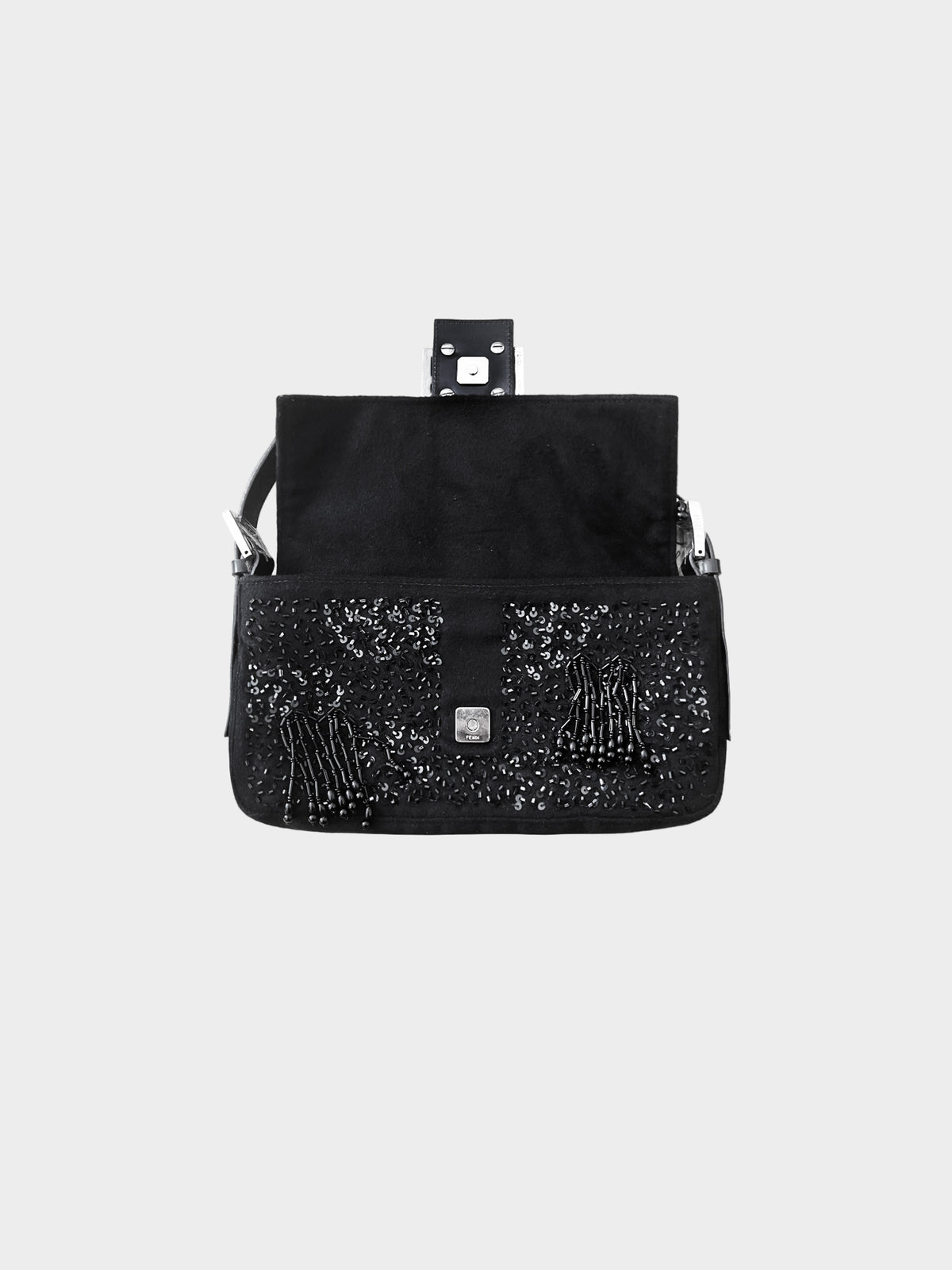 Fendi 2000s Black Sequin and Beaded Wool Baguette Bag