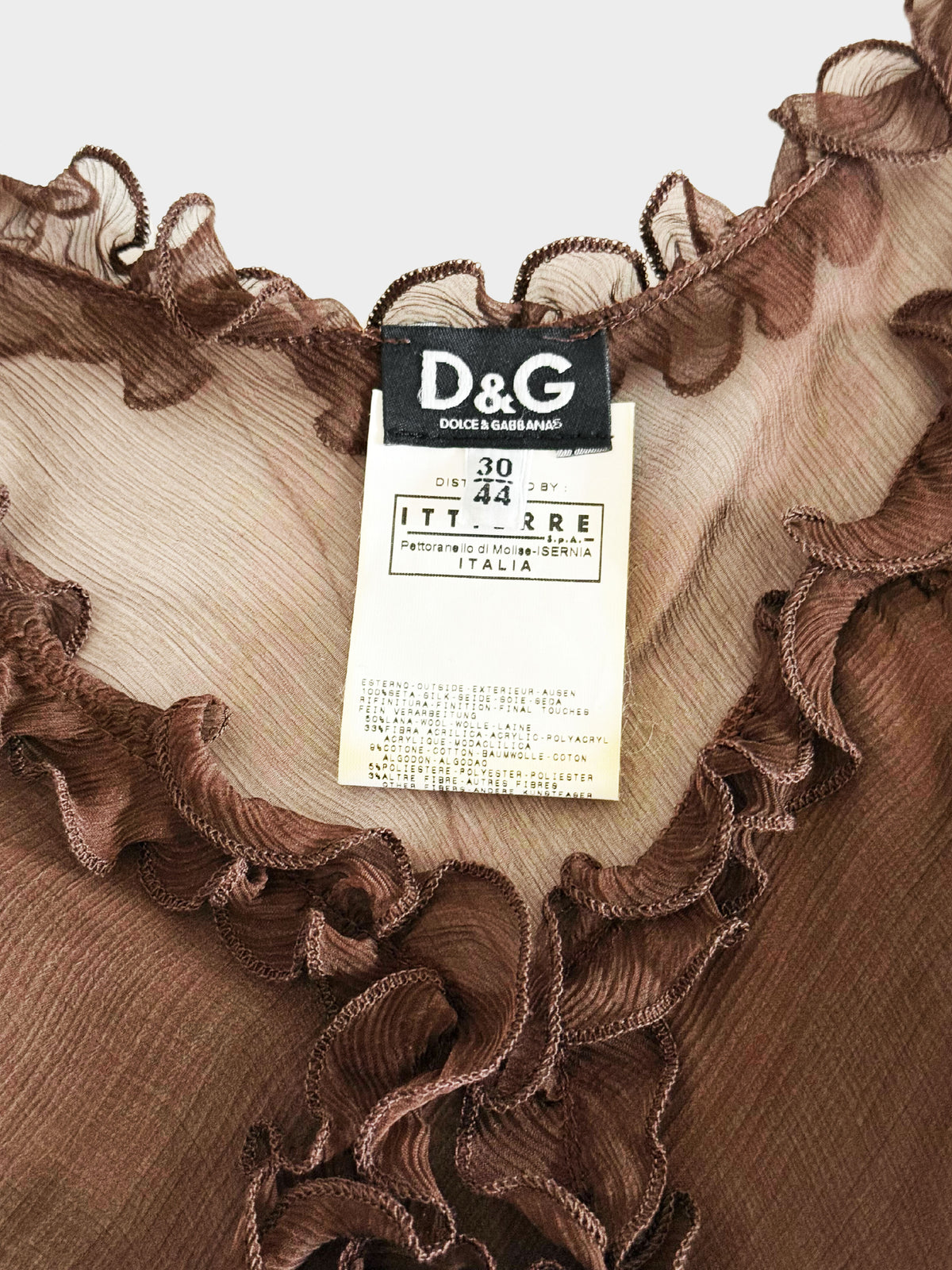 Dolce and Gabbana 2000s Brown Silk Ruffled Long Sleeve Blouse