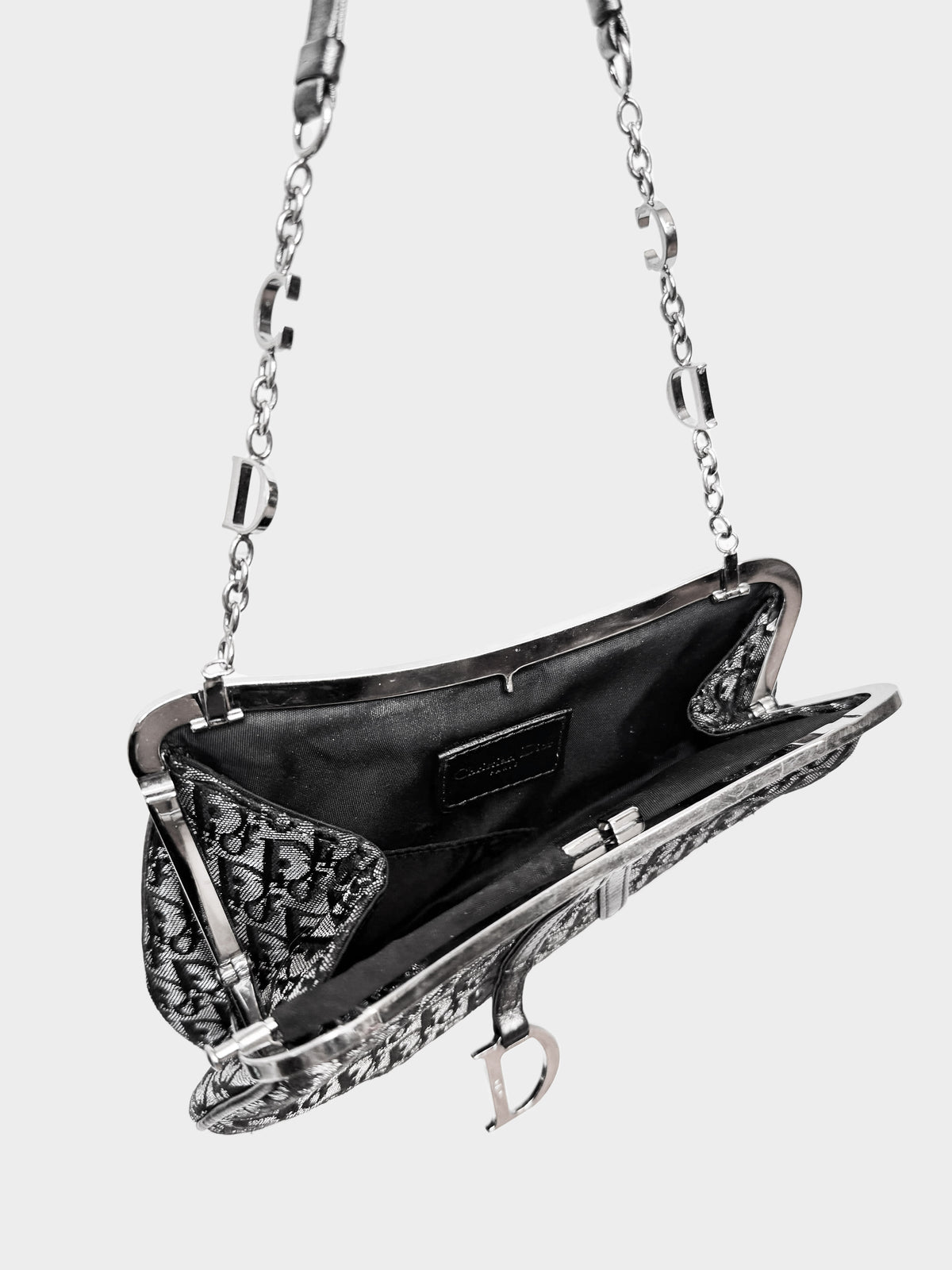 Christian Dior Early 2000s Black and Metallic Grey Diorissimo Mini Saddle Bag