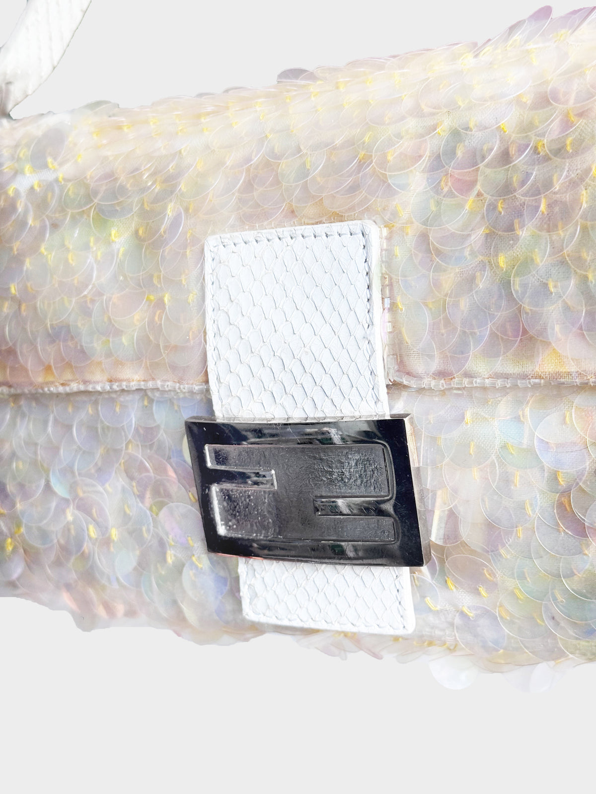 Fendi 1990s Iridescent Translucent Sequins and White Python Leather Baguette