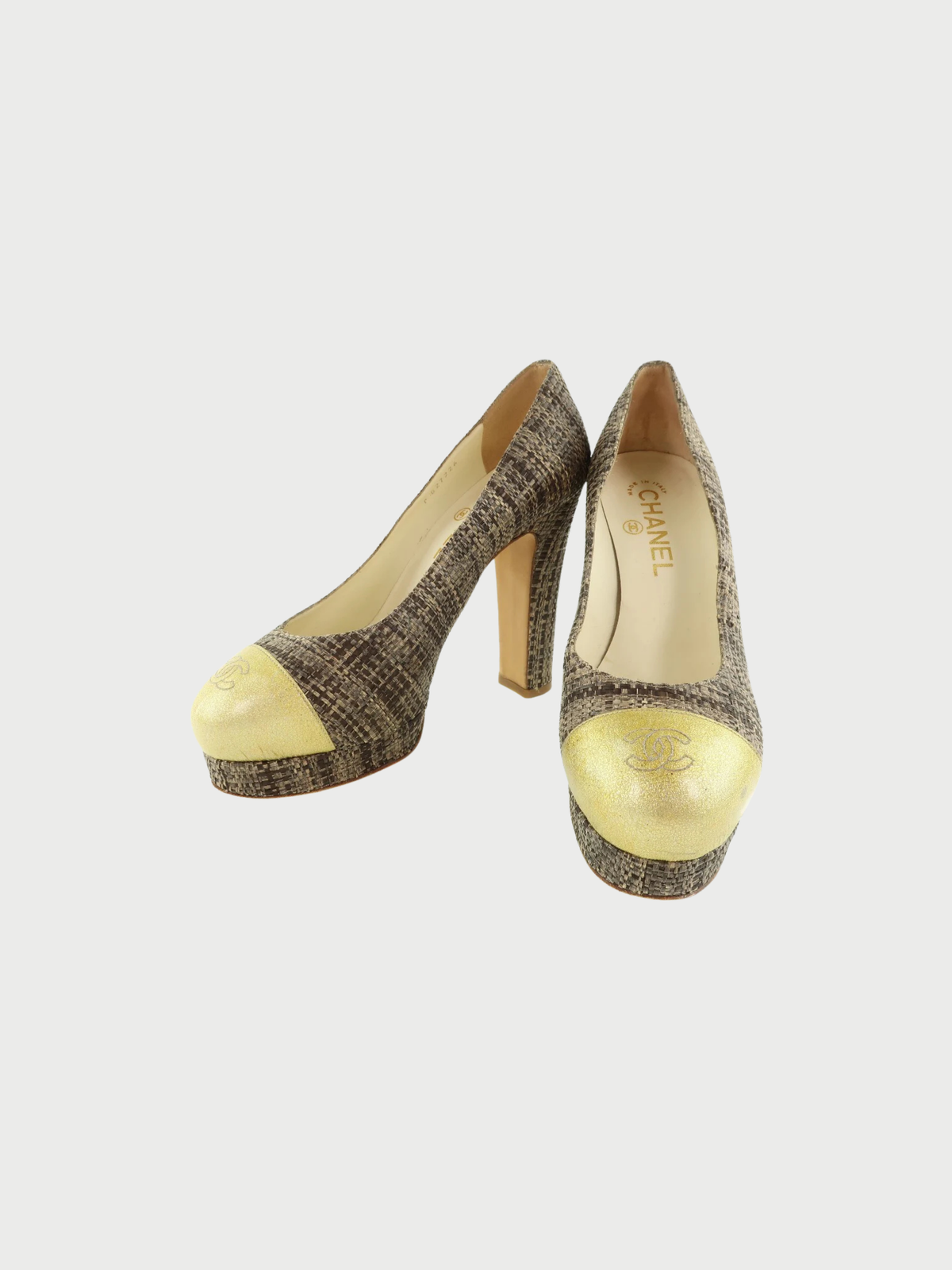 Chanel 2000s Gold Brown Patent Leather Jute High Heel Pumps
