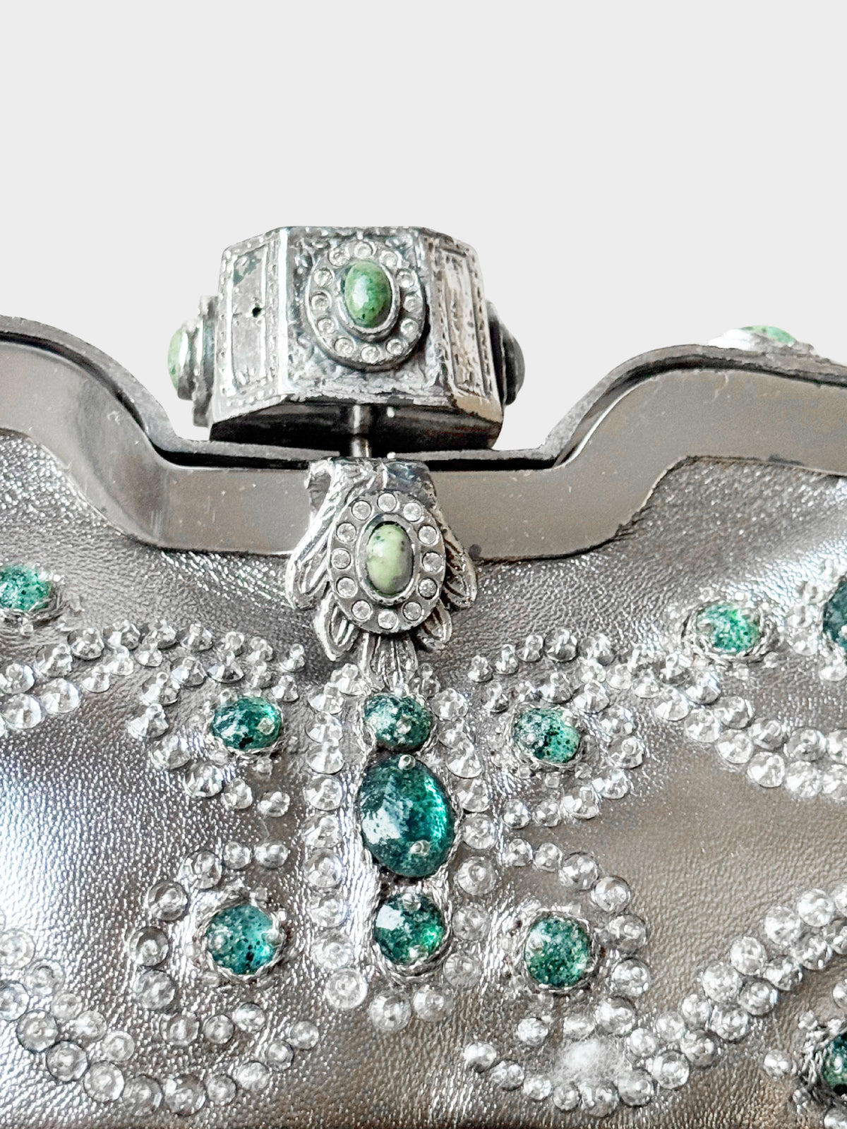 Valentino 1970s Runway  Metallic Silver Leather Jeweled Mini Evening Bag