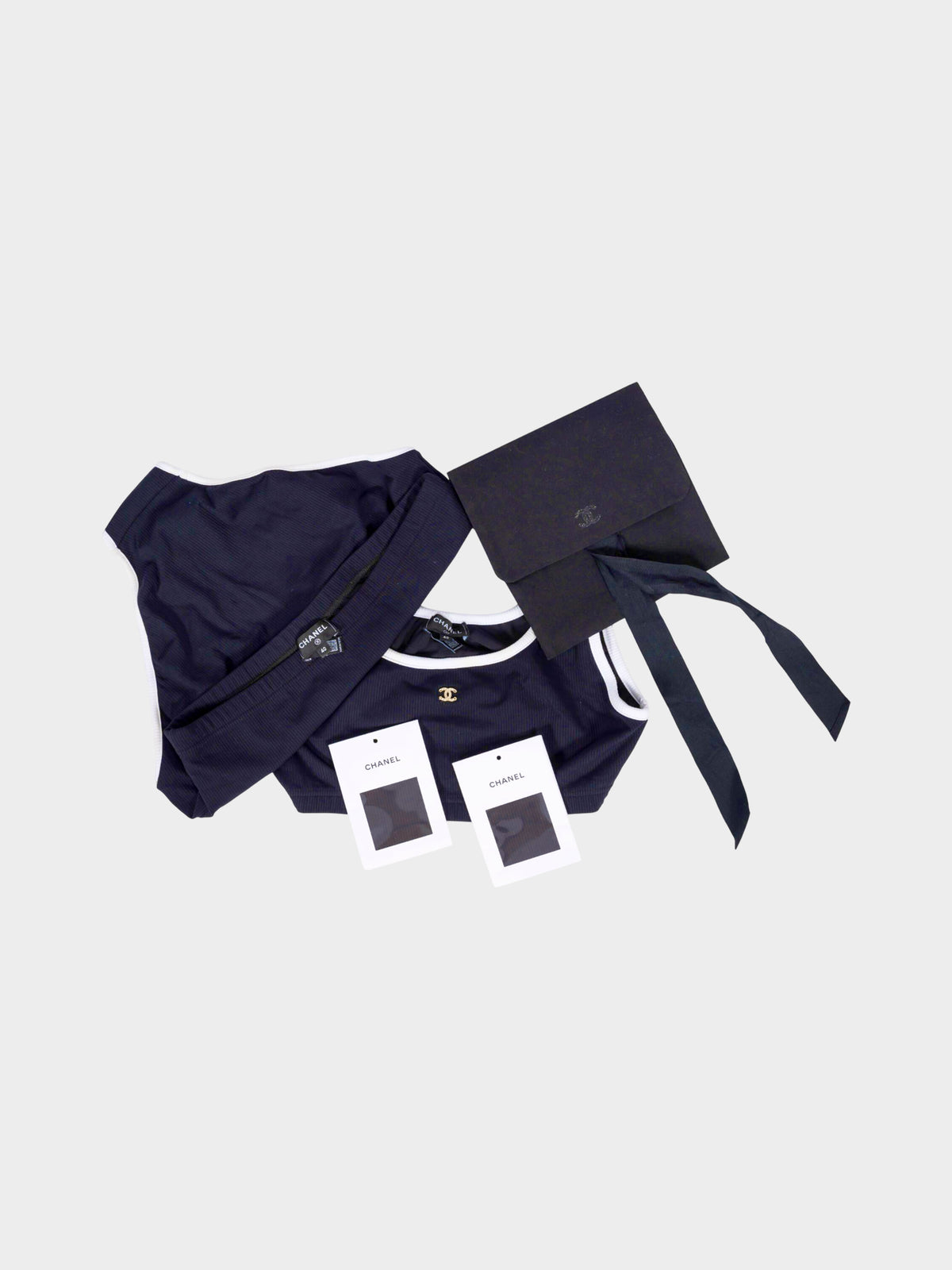 Chanel SS 2022 Navy and White CC Rhinestone Two Piece Swimsuit