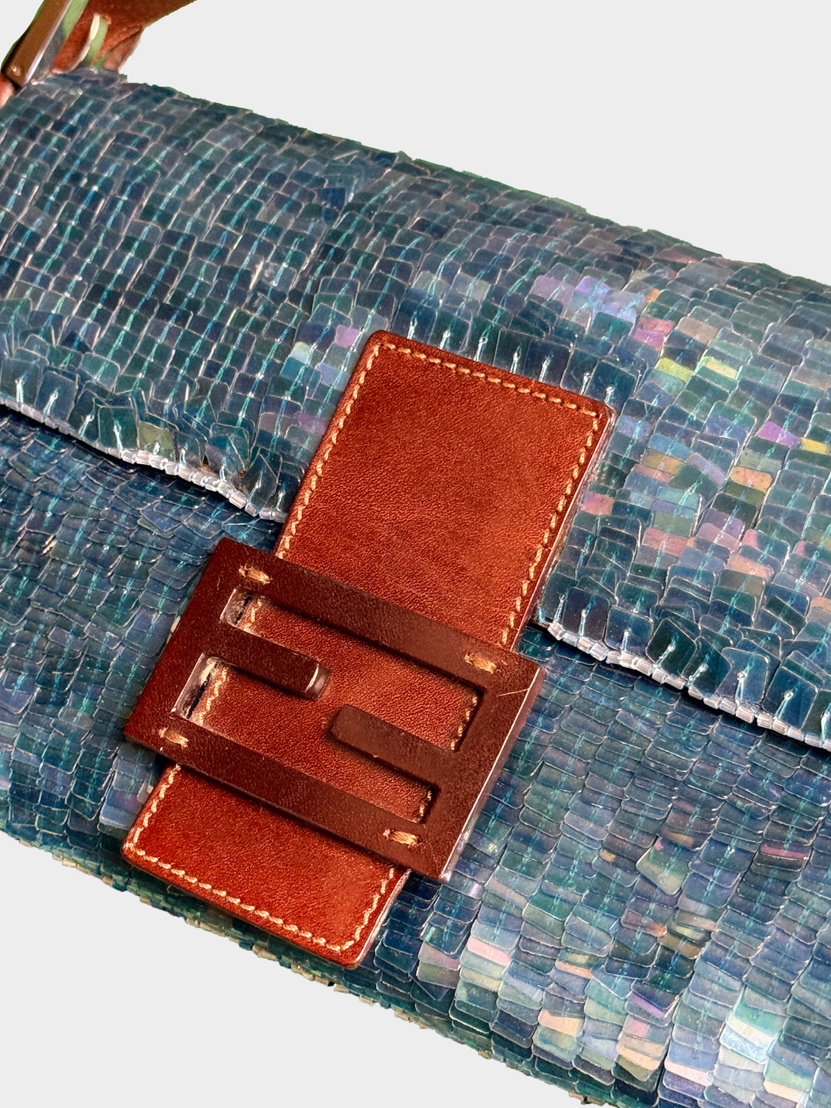 Fendi 1990s Blue Sequin and Brown Leather Baguette Bag