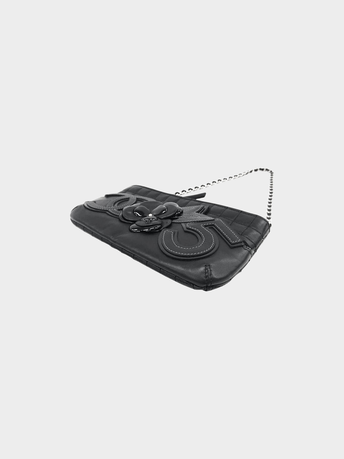 Chanel 2005-2006 Black Leather Chocolate Bar Quilted Camellia Icon Chain Shoulder Bag