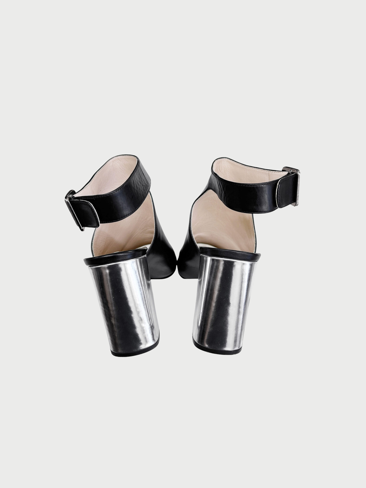 Prada 2010s Black Leather Silver Block Heel Sandals