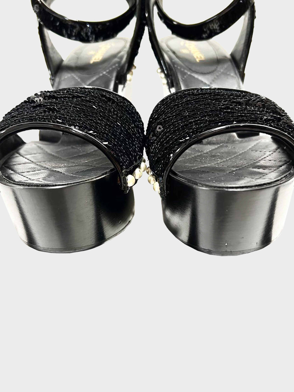 Chanel Cruise 2016 Black Patent Leather and Sequins Lotus Wedge Sandals