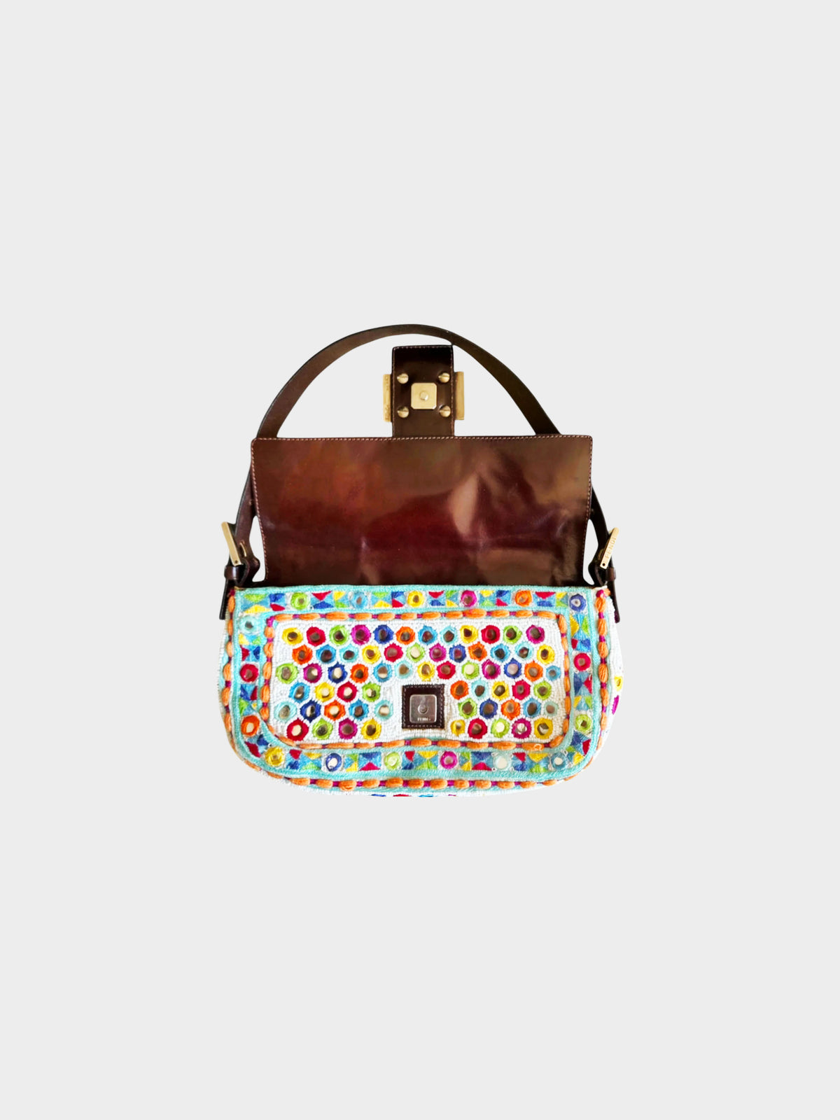 Fendi 1997 Rare Multicolor Specchietti Mirror and Pearl Embroidery Baguette Bag