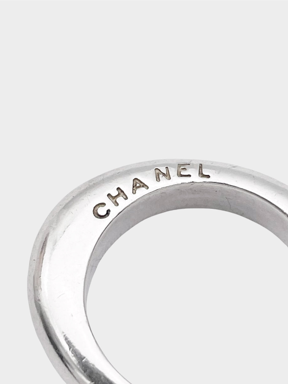 Chanel 1980s Logo Engraved Sterling Silver Hoop Earring