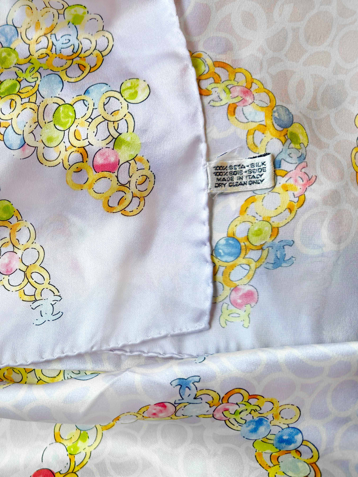Chanel 1990s Multicolor Coco Printed Silk Scarf