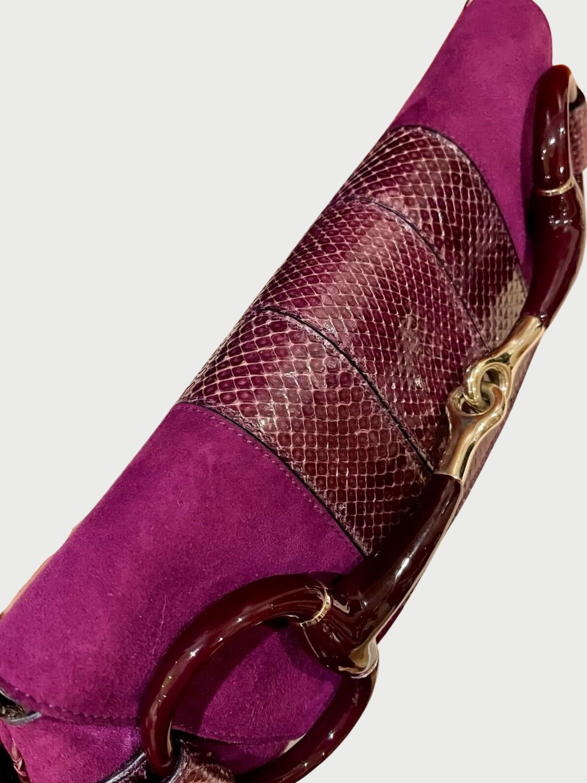 Gucci 2000s Purple Suede Python Horsebit Clutch Bag