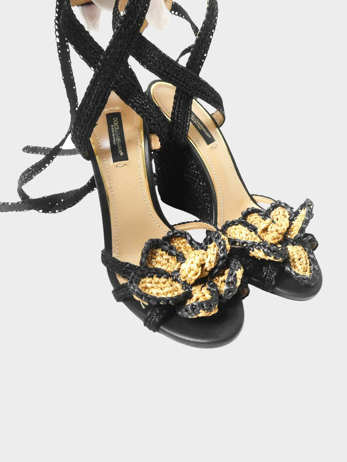 Dolce and Gabbana 2010s Black and Beige Raffia Flower Wedge Sandals