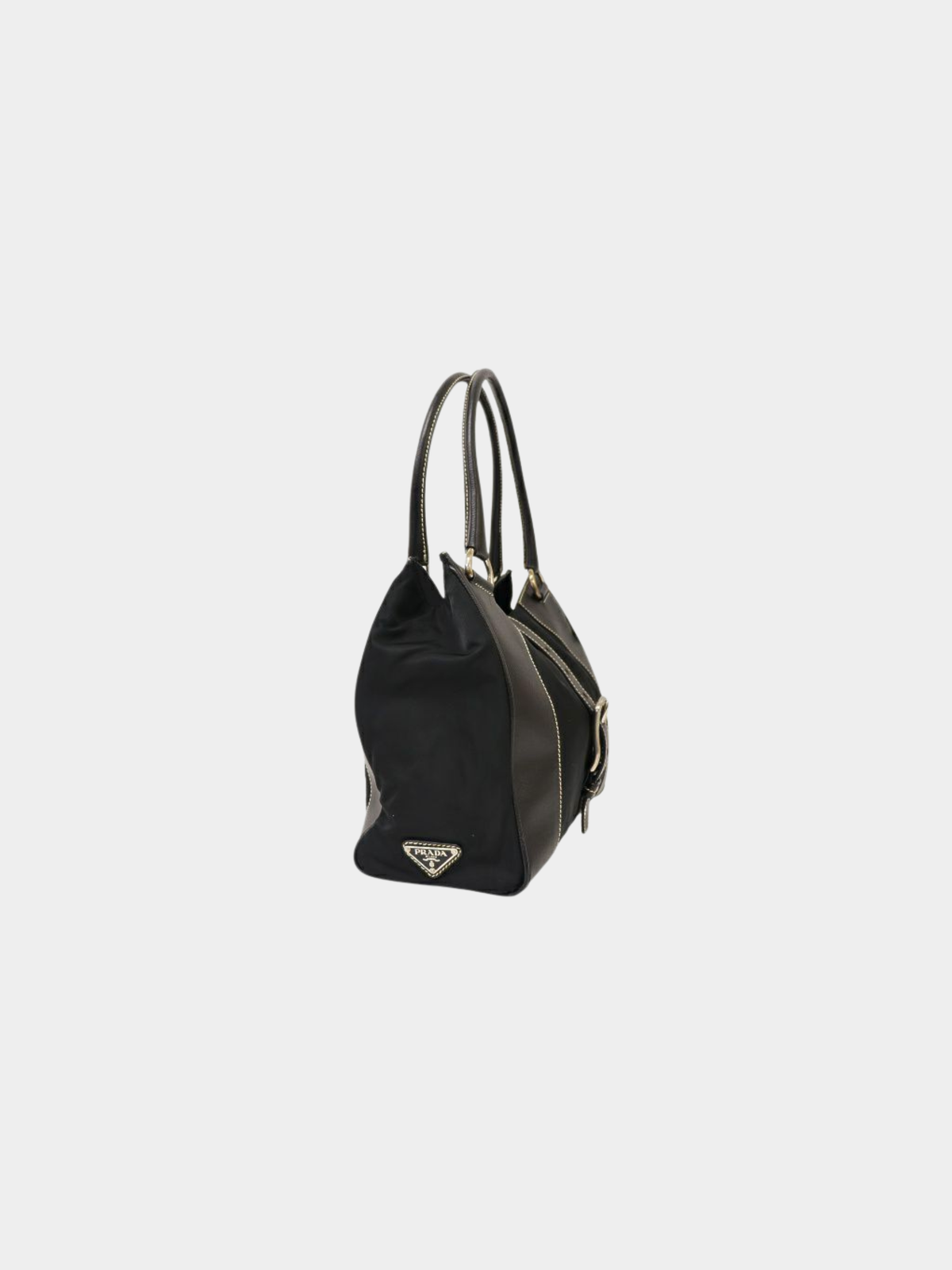 Prada 2000s Black Triangle Logo Nylon Stitch Leather Tote Bag