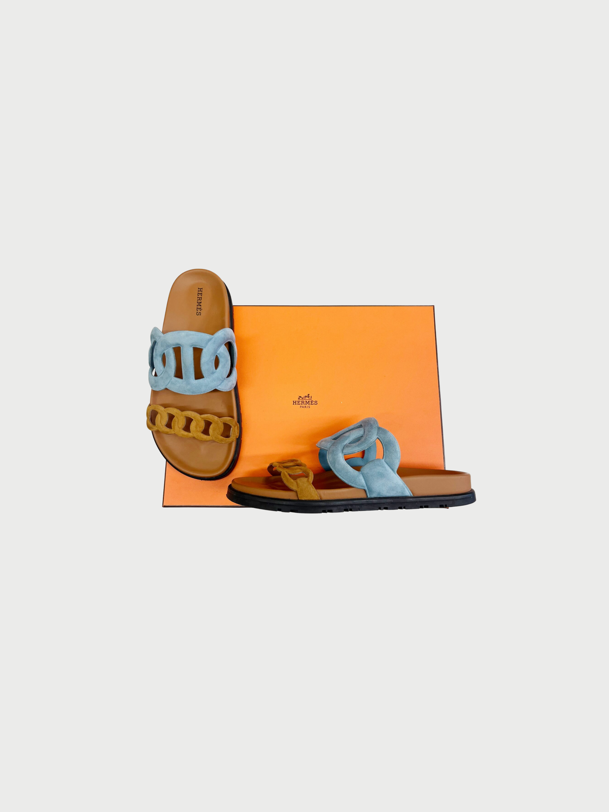 Hermès 2020s Blue Cognac Suede Extra Sandals