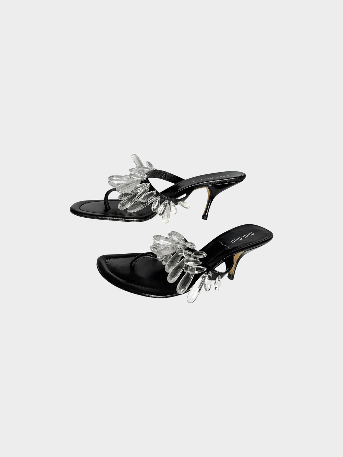 Miu Miu 2000s Black Leather Crystal Drop Heeled Mules