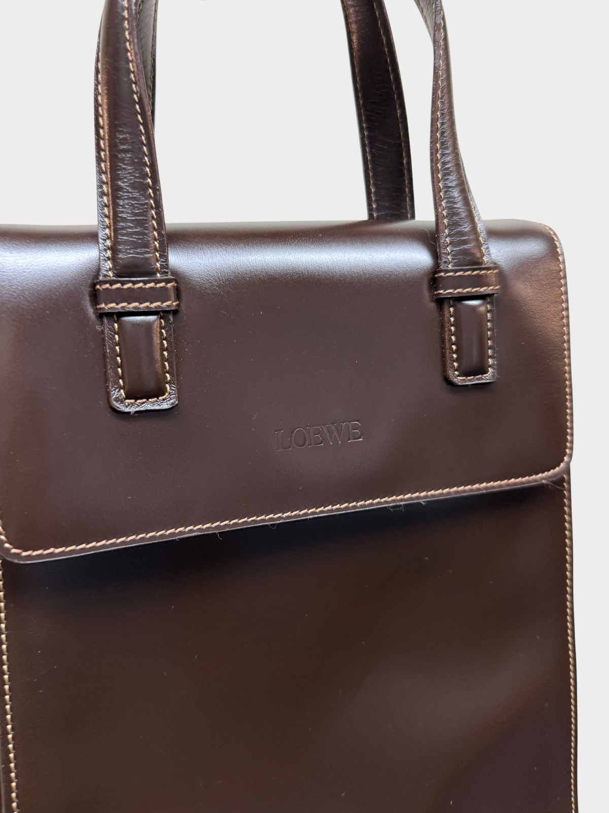 Loewe 1990s Dark Brown Box Calfskin Postal Tote Bag