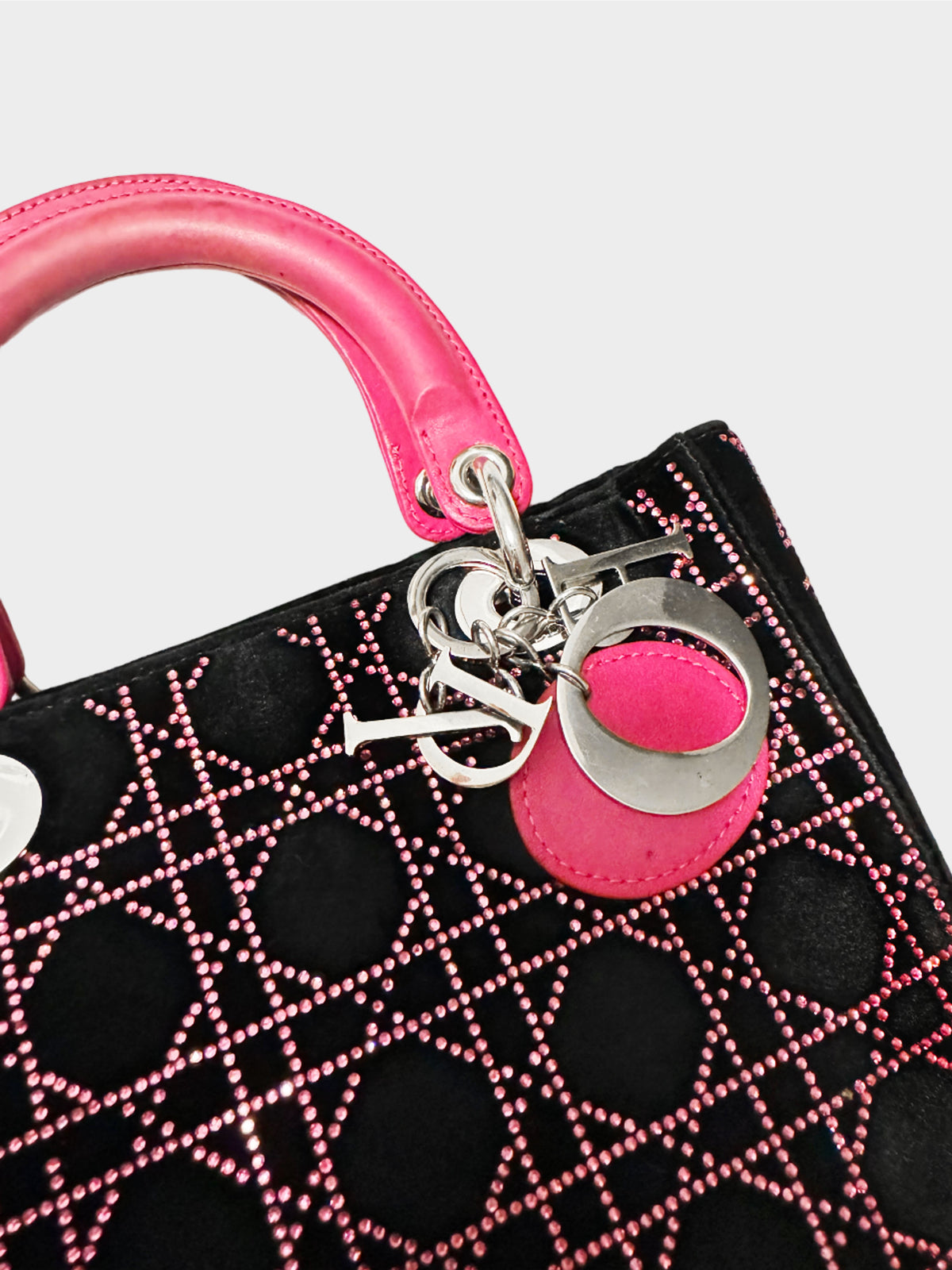 Christian Dior 2000s Black Velvet Lady Dior Pink Rhinestone Cannage Handbag