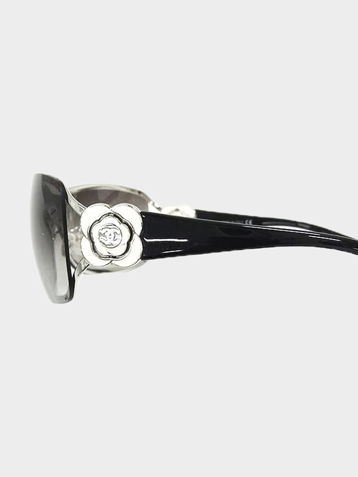 Chanel 2000s Metal Frame CC Logo and Crystal Camellia Flower Sunglasses