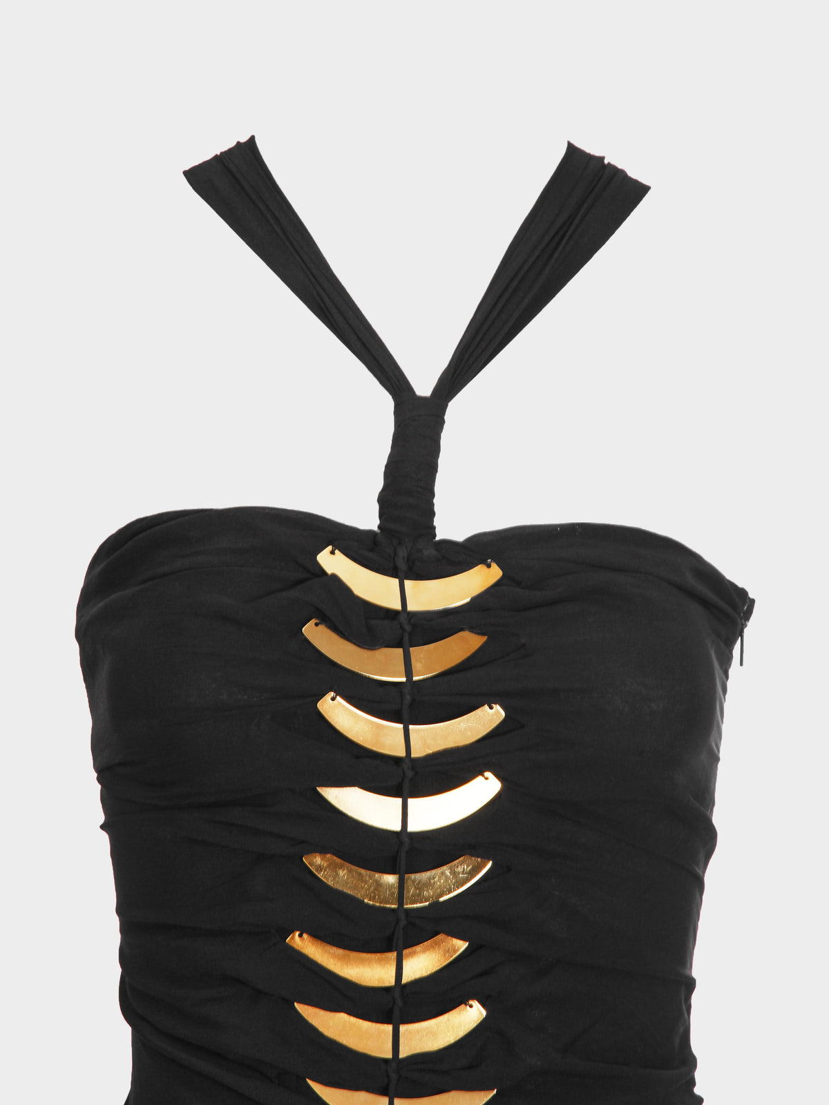 Gucci by Tom Ford 2004 Black Halter Dress with Gold Metal Embellishments