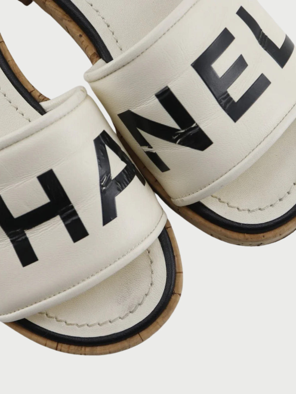 Chanel 2000s White Black Leather Cork Logo Mules