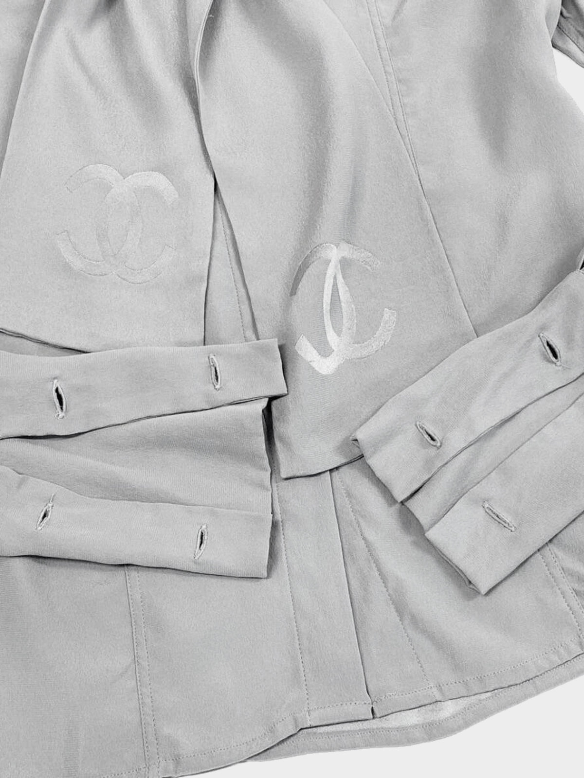 Chanel 1980s-1990s Grey Silk CC Ascot Blouse