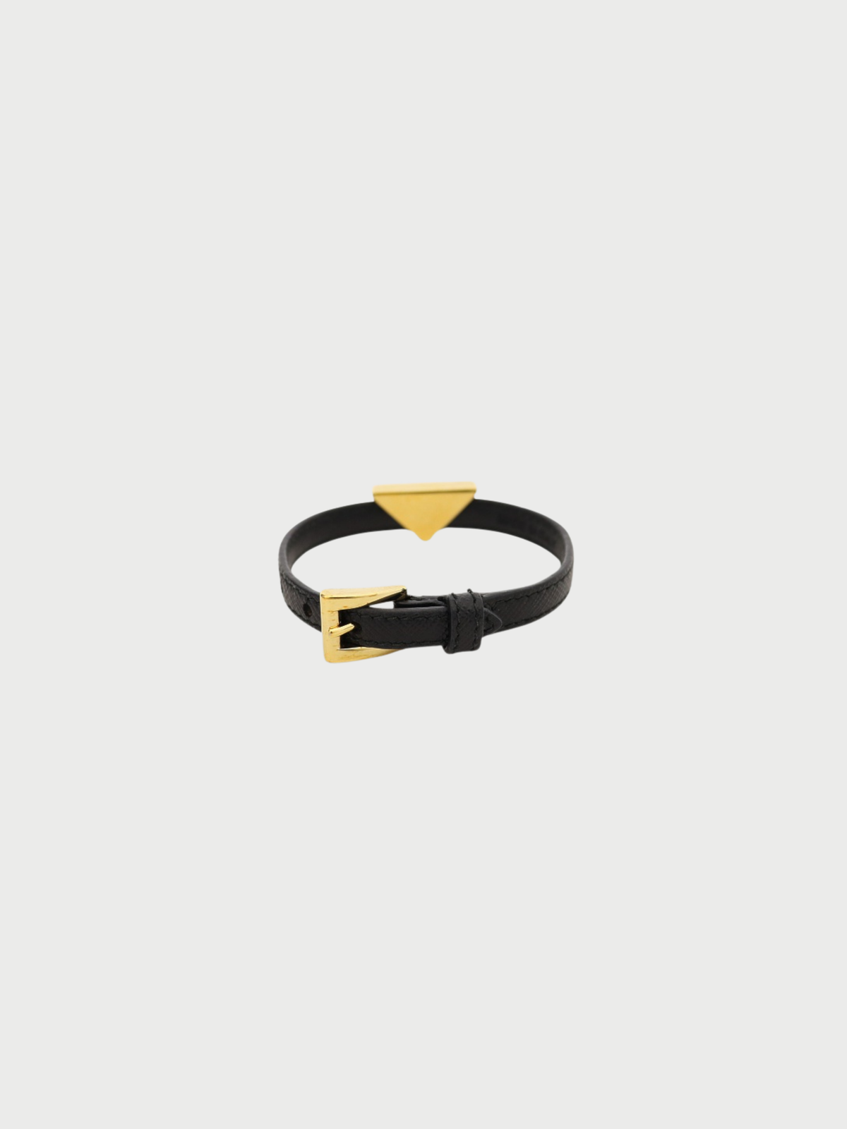 Prada 2000s Black Saffiano Leather Triangle Logo Bracelet