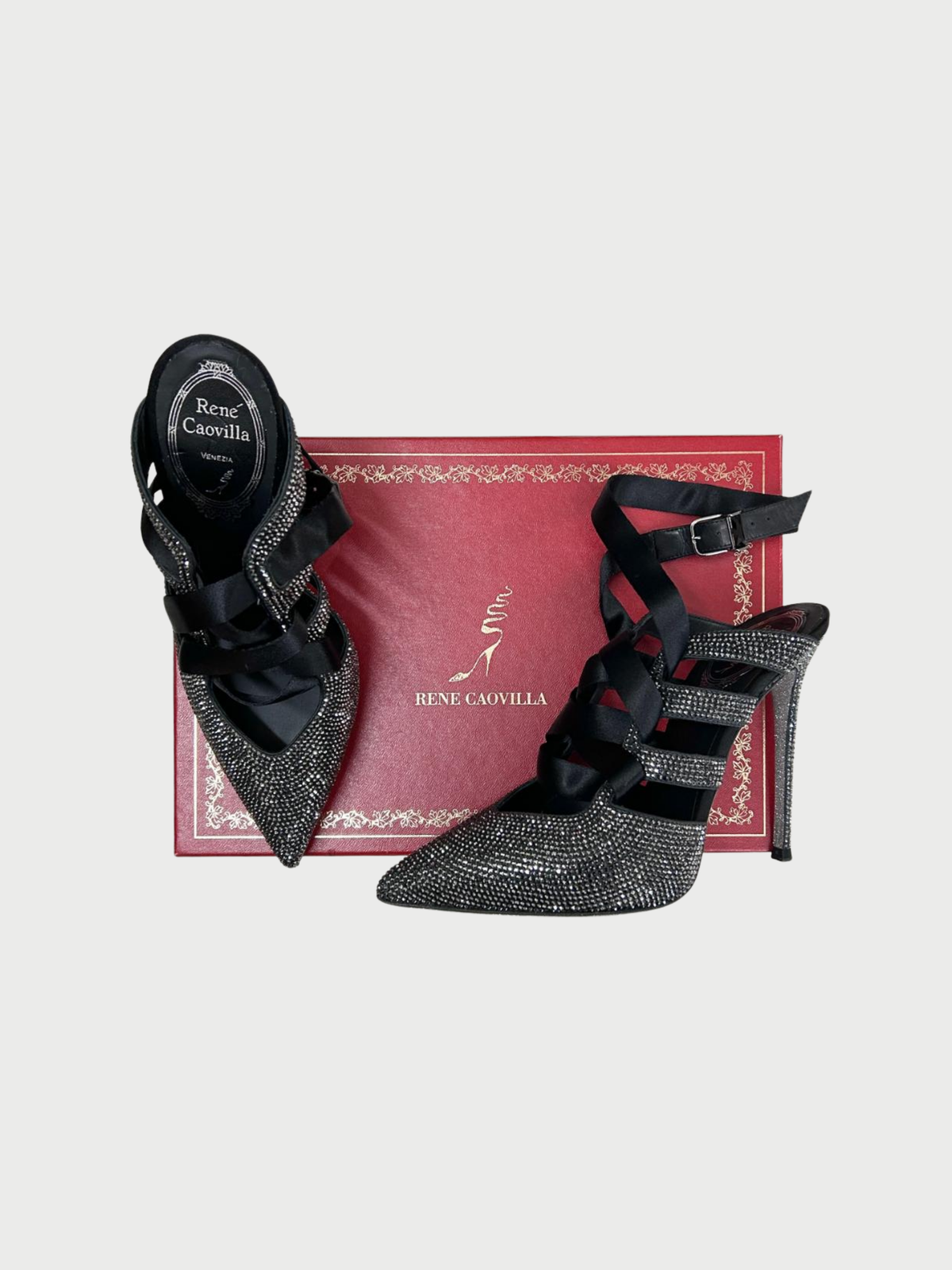 René Caovilla 2000s Grey Crystal Lace Up Heels