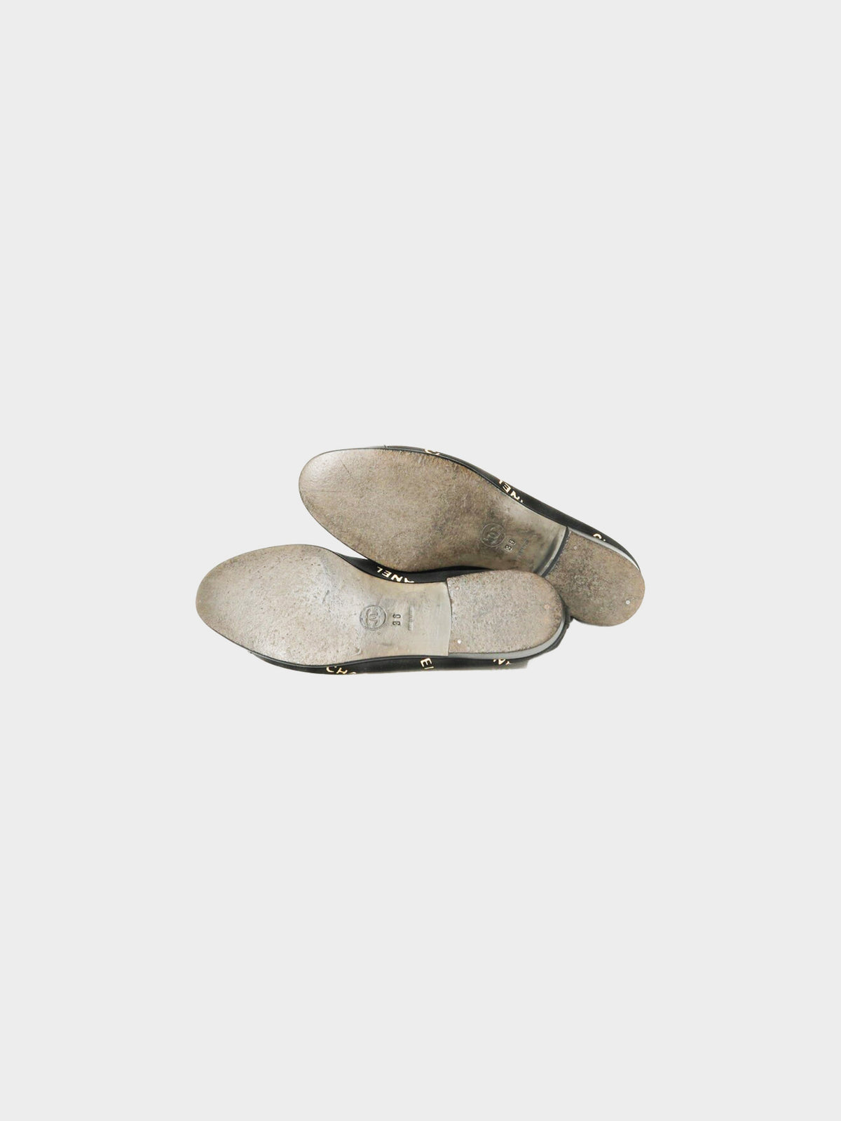 Chanel 2000s Black Canvas and Leather Logo Print Ballet Flats