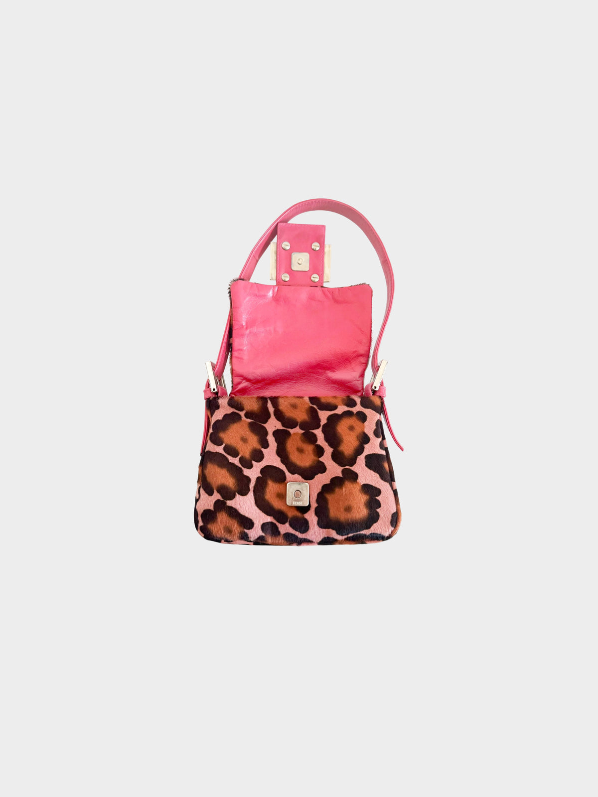 Fendi 2000s Pink Leopard Print Pony Hair Mini Square Baguette