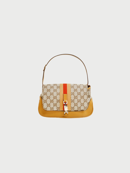 Gucci 2000s Beige Ebony GG Canvas Jackie Web Shoulder Bag