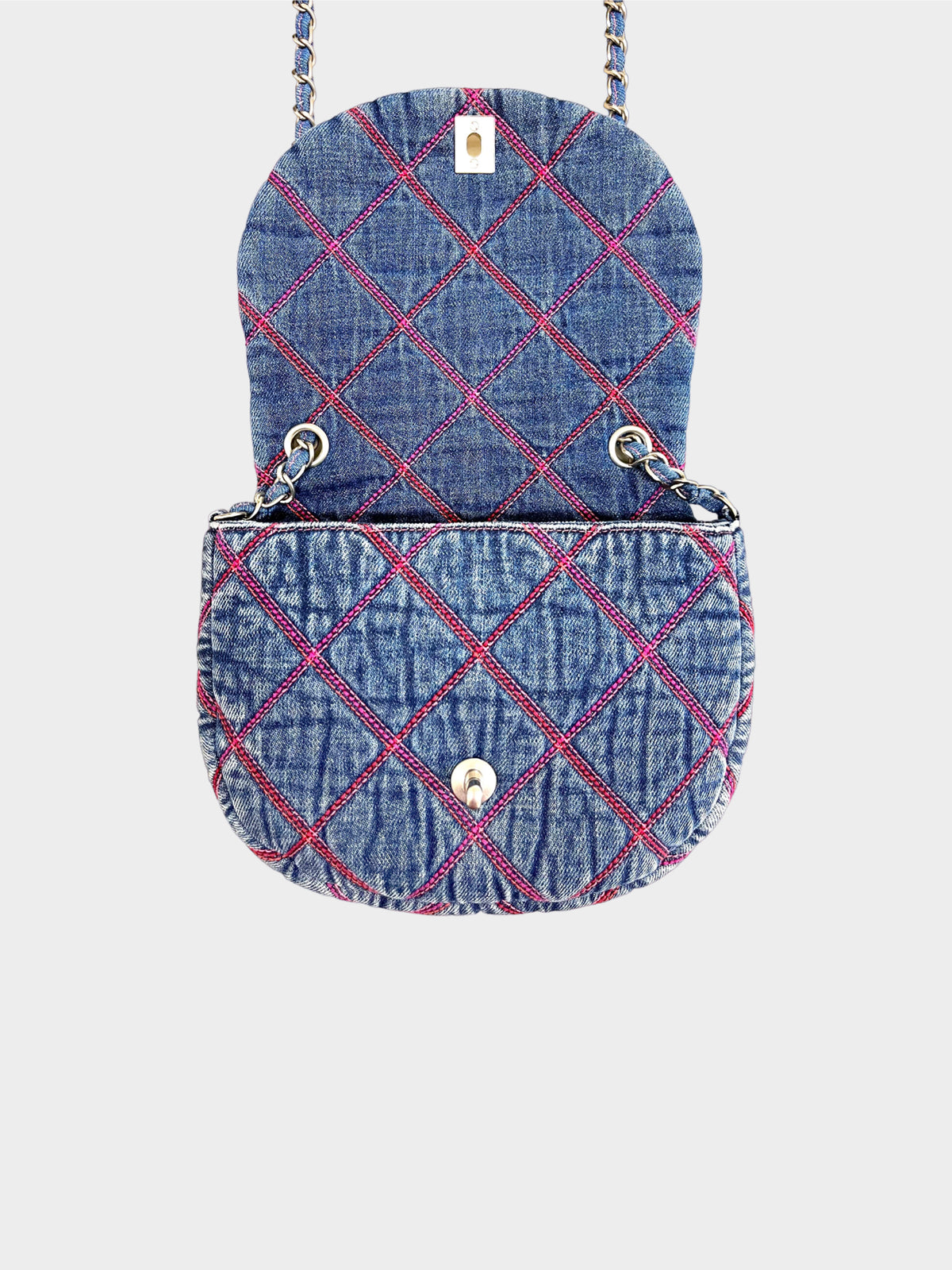 Chanel 2022 Denim Half Moon Bag with Pink Diamond Quilting