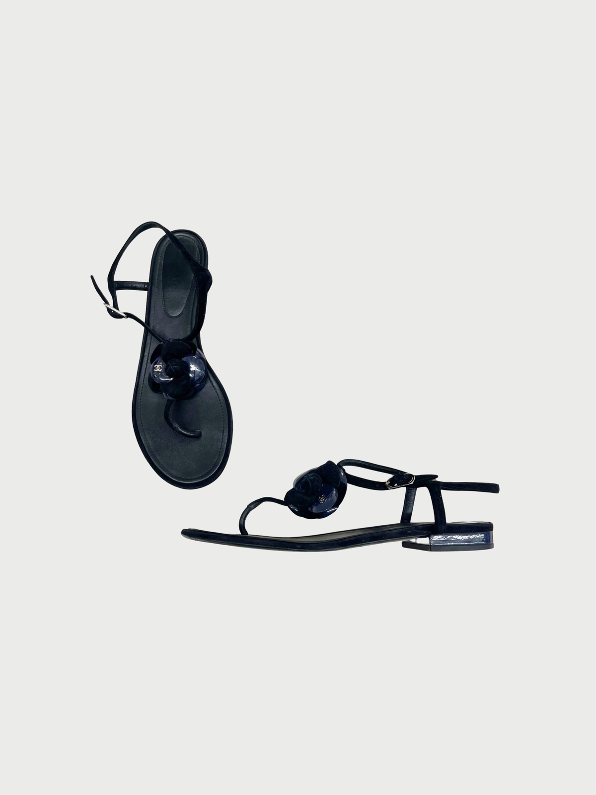 Chanel 2016 Black Suede Navy Patent Leather Camellia Thong Sandals