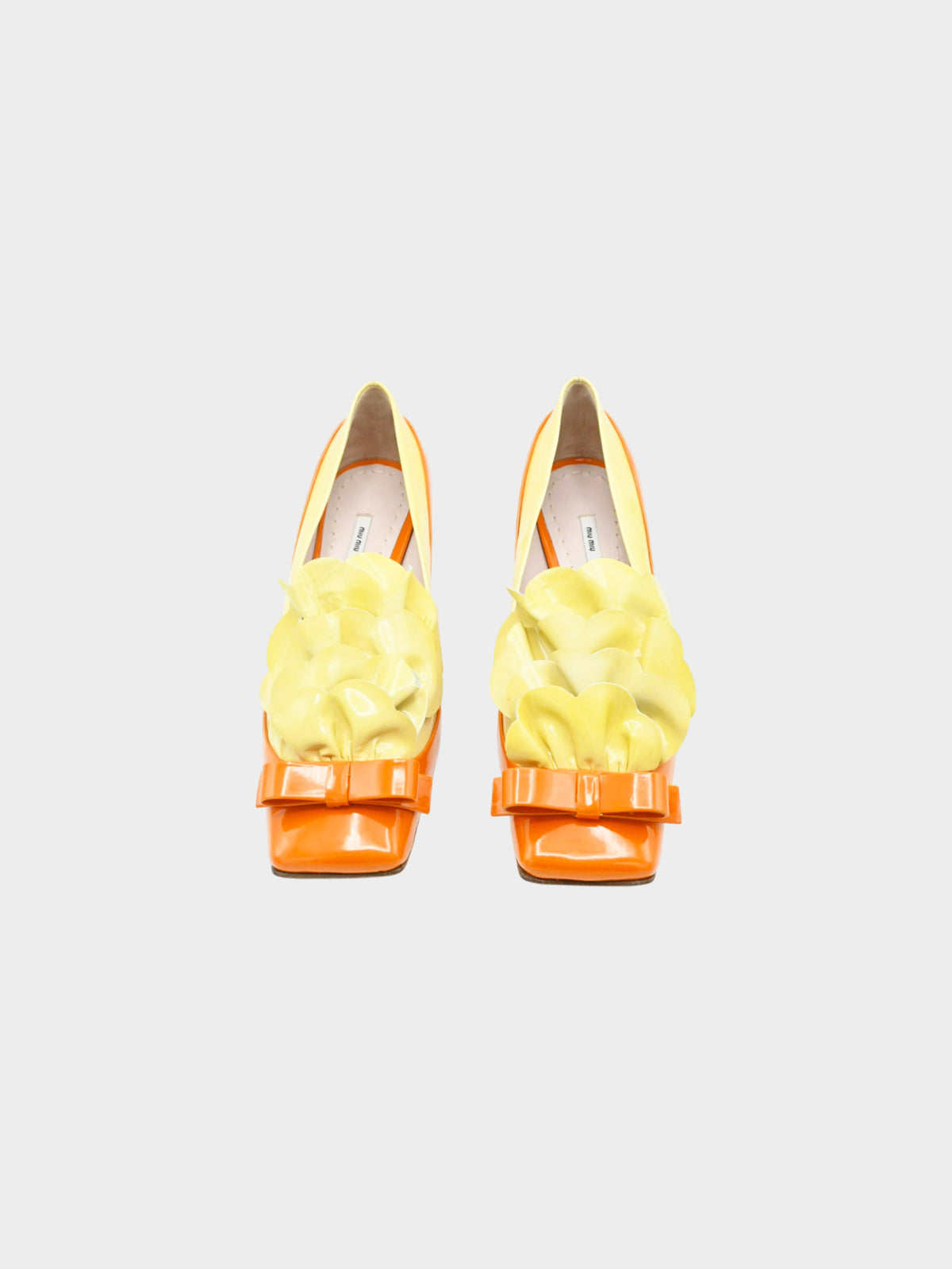 Miu Miu 2010s Orange and Yellow Patent Leather Ruffle Bow Kitten Heel Pumps