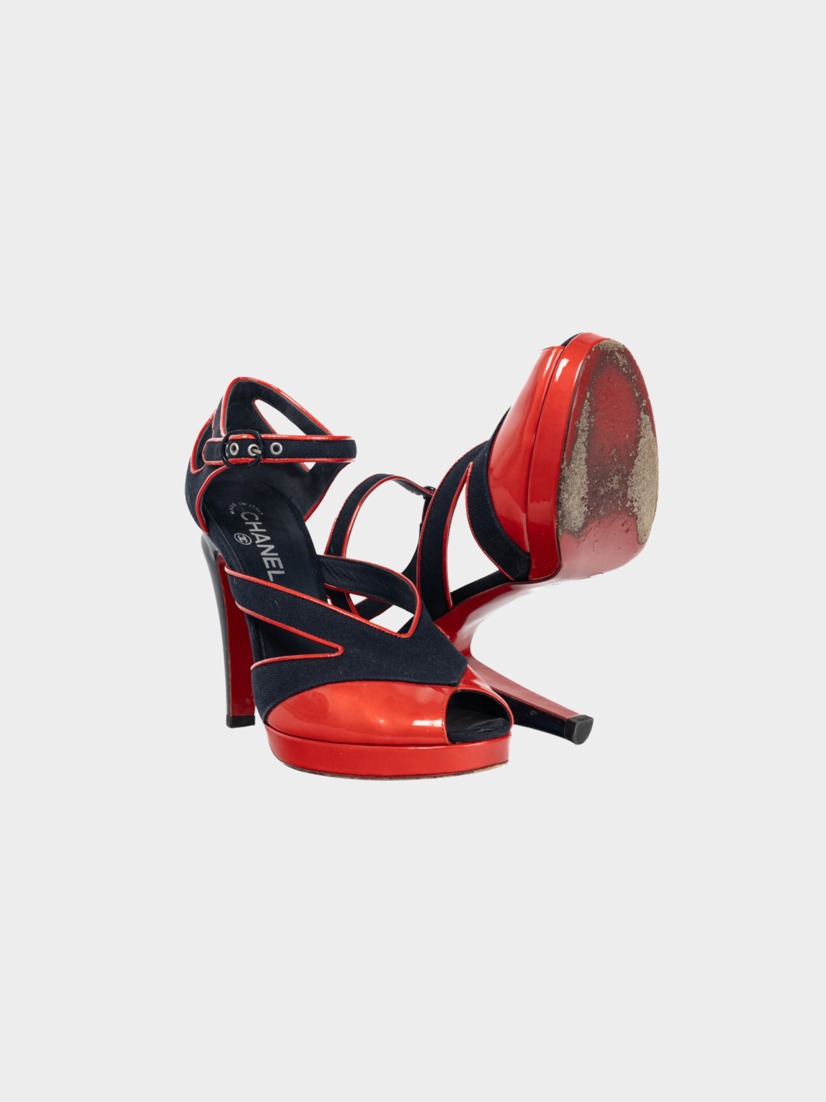 Chanel SS 2008 Runway Navy Canvas & Red Patent Leather Sandals