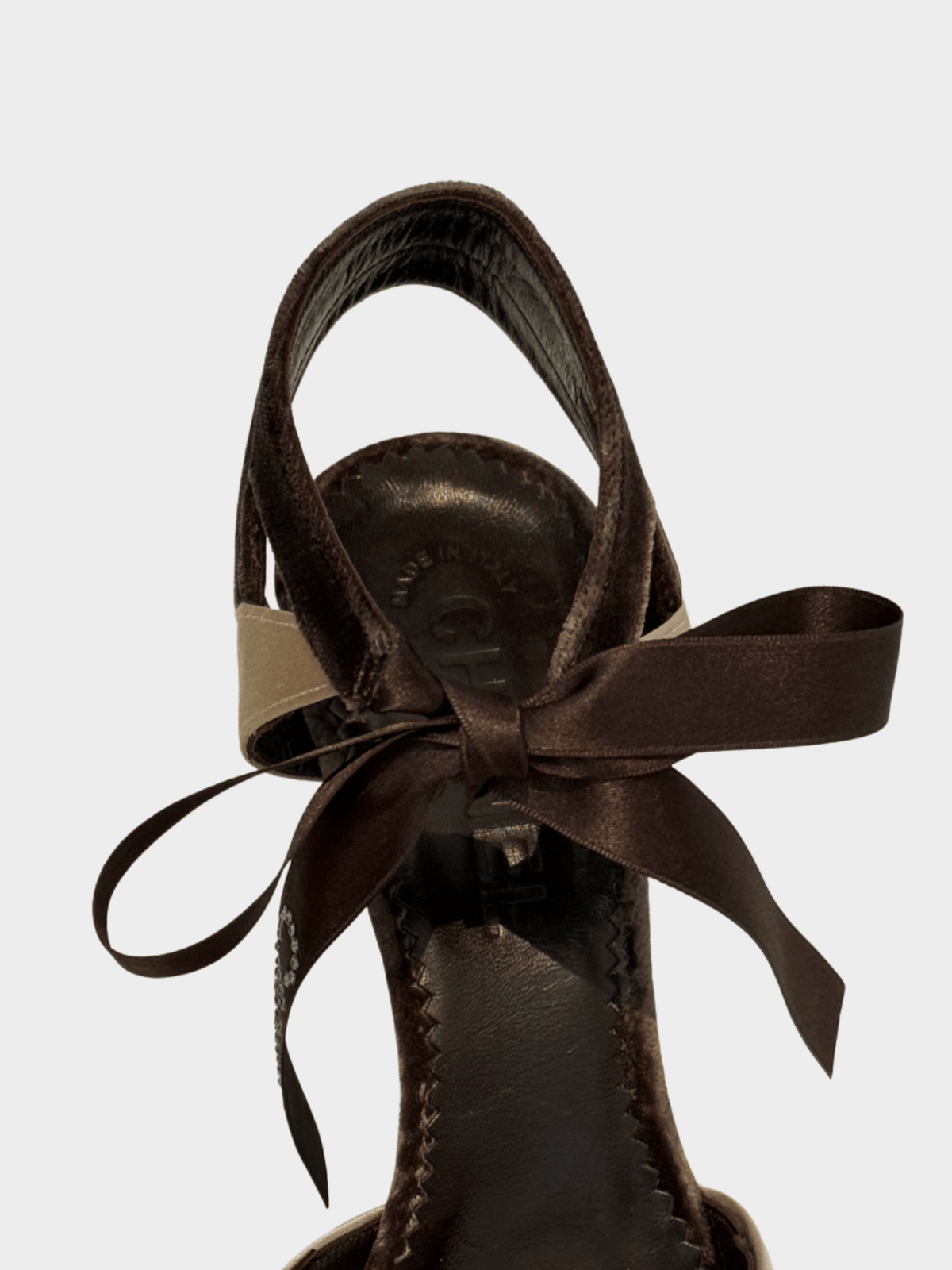 Chanel 2000s Dark Brown and Cream Velvet Satin Ankle Tie Heels