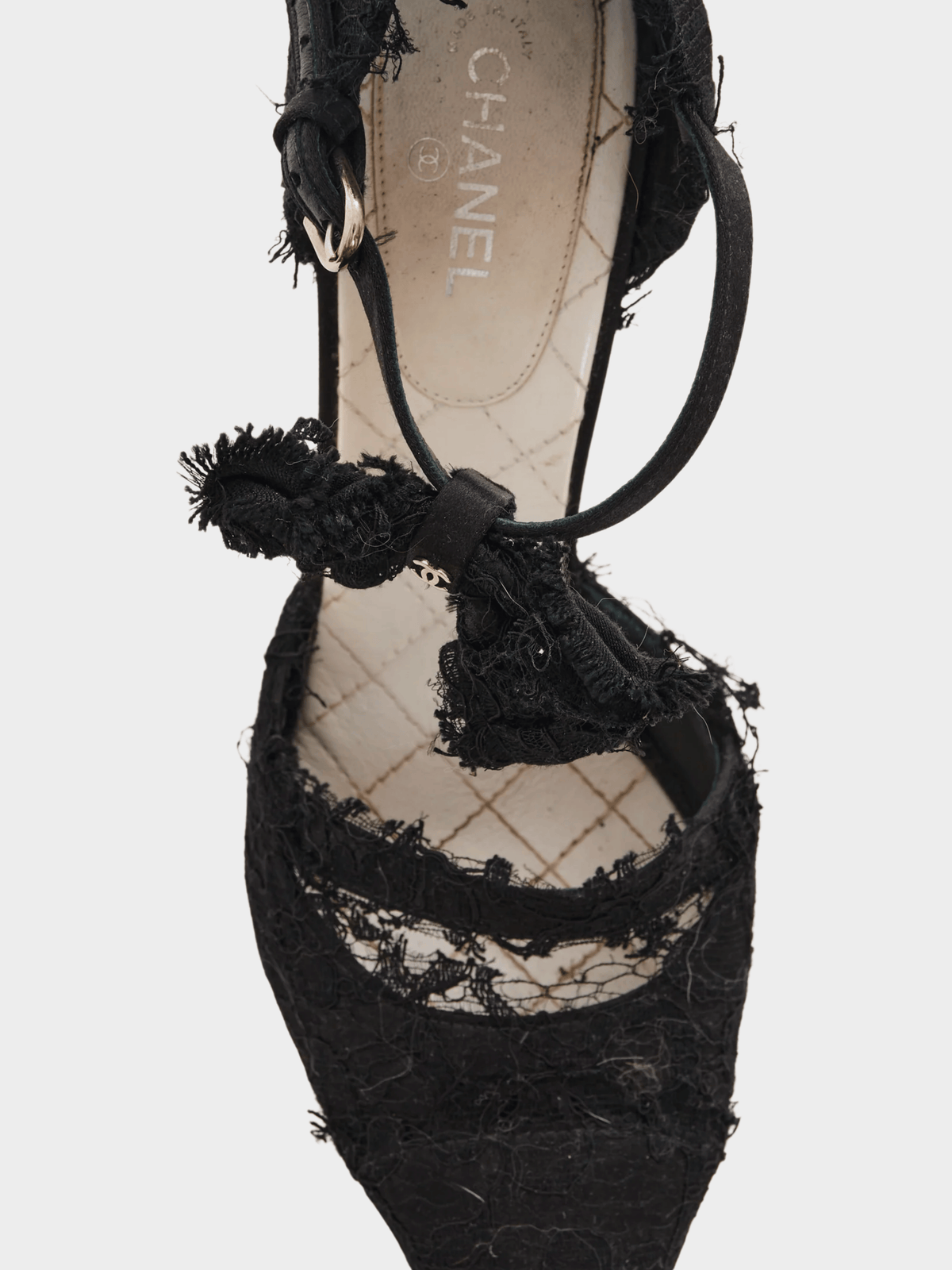 Chanel 2000s Black Lace Ankle Strap Bow Black Satin Pumps