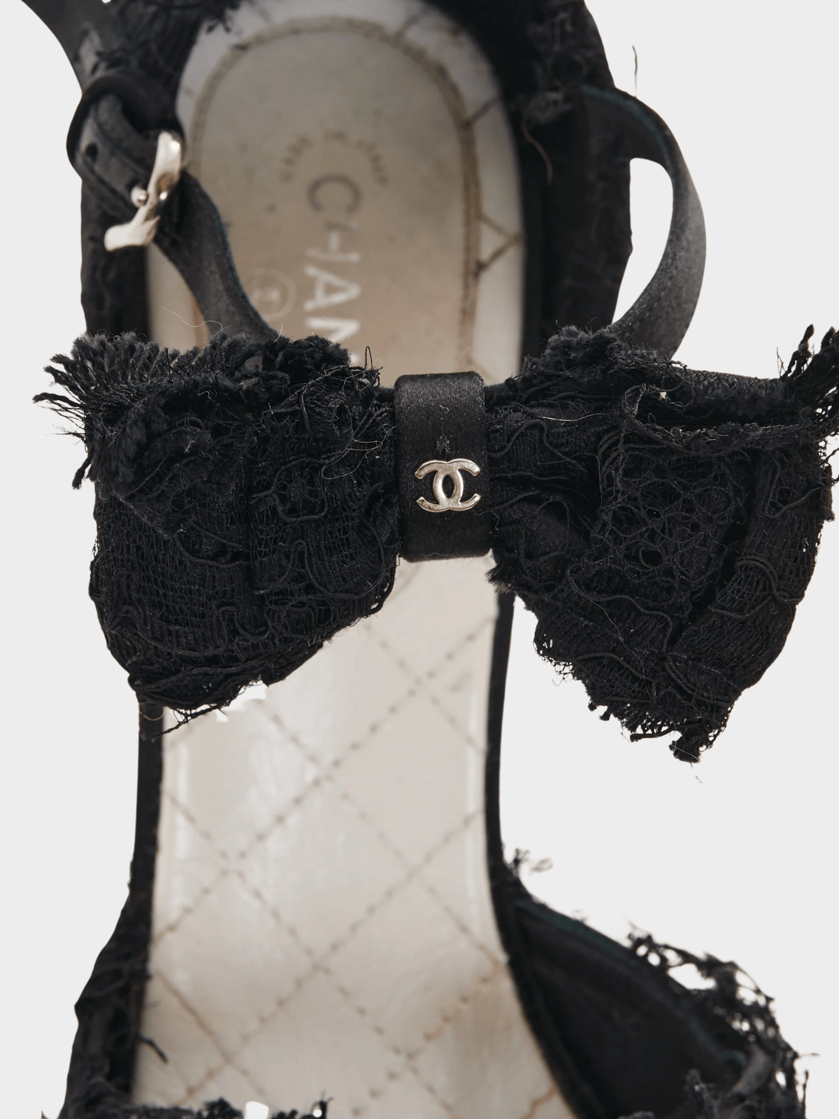 Chanel 2000s Black Lace Ankle Strap Bow Black Satin Pumps