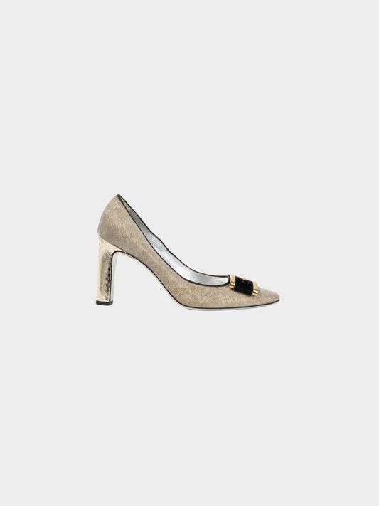 Dolce and Gabbana 2010s Gold Sparkle Velvet-Buckle Pumps