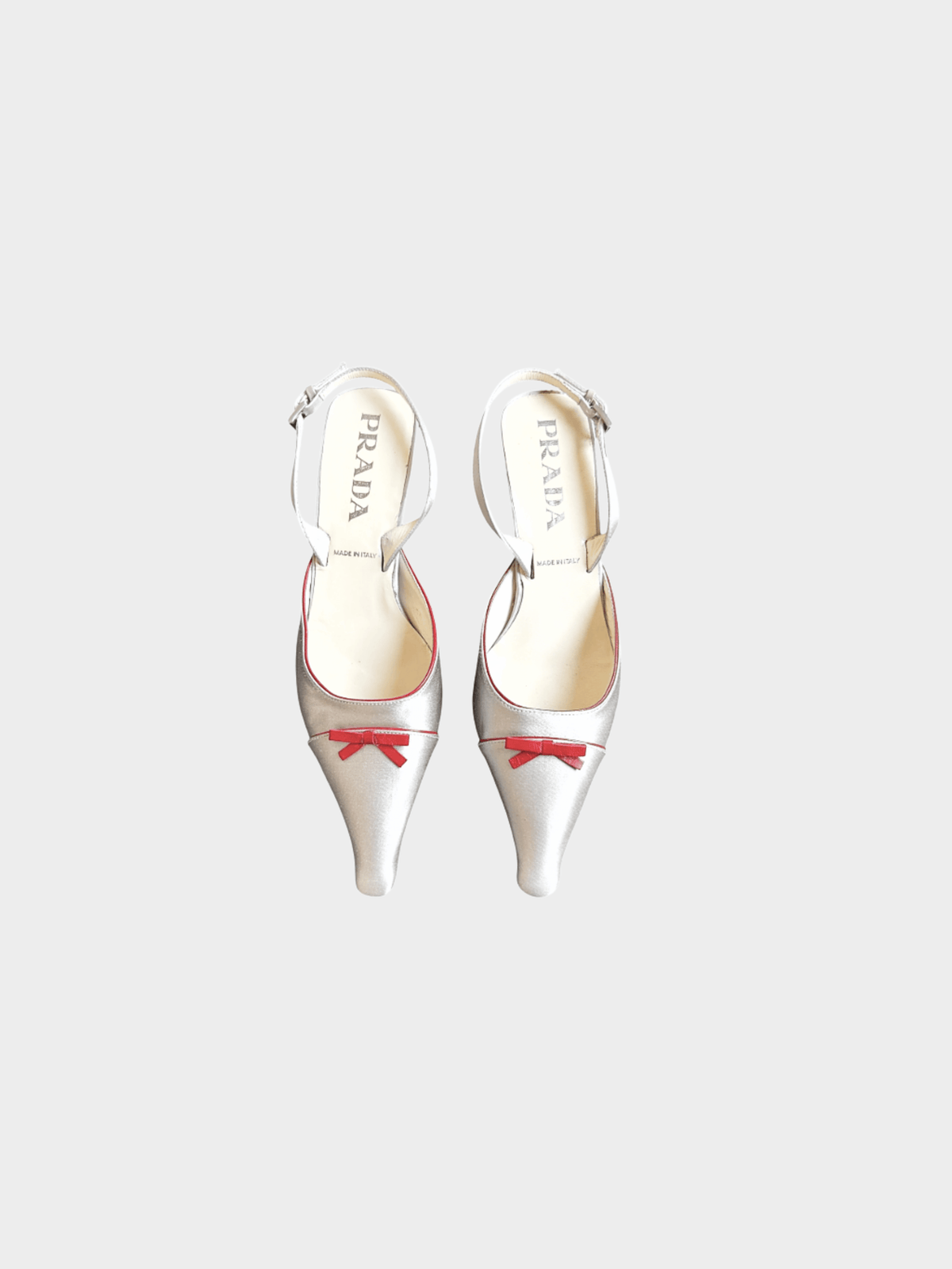 Prada 2000s Silver Satin with Red Ribbon Mules